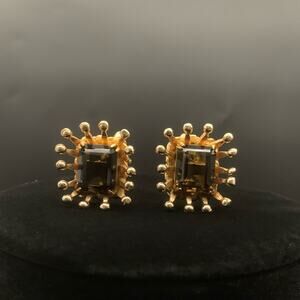 Vintage Regal Brown Emerald Cut Rhinestone Gold Tone Crown Shape Cufflinks